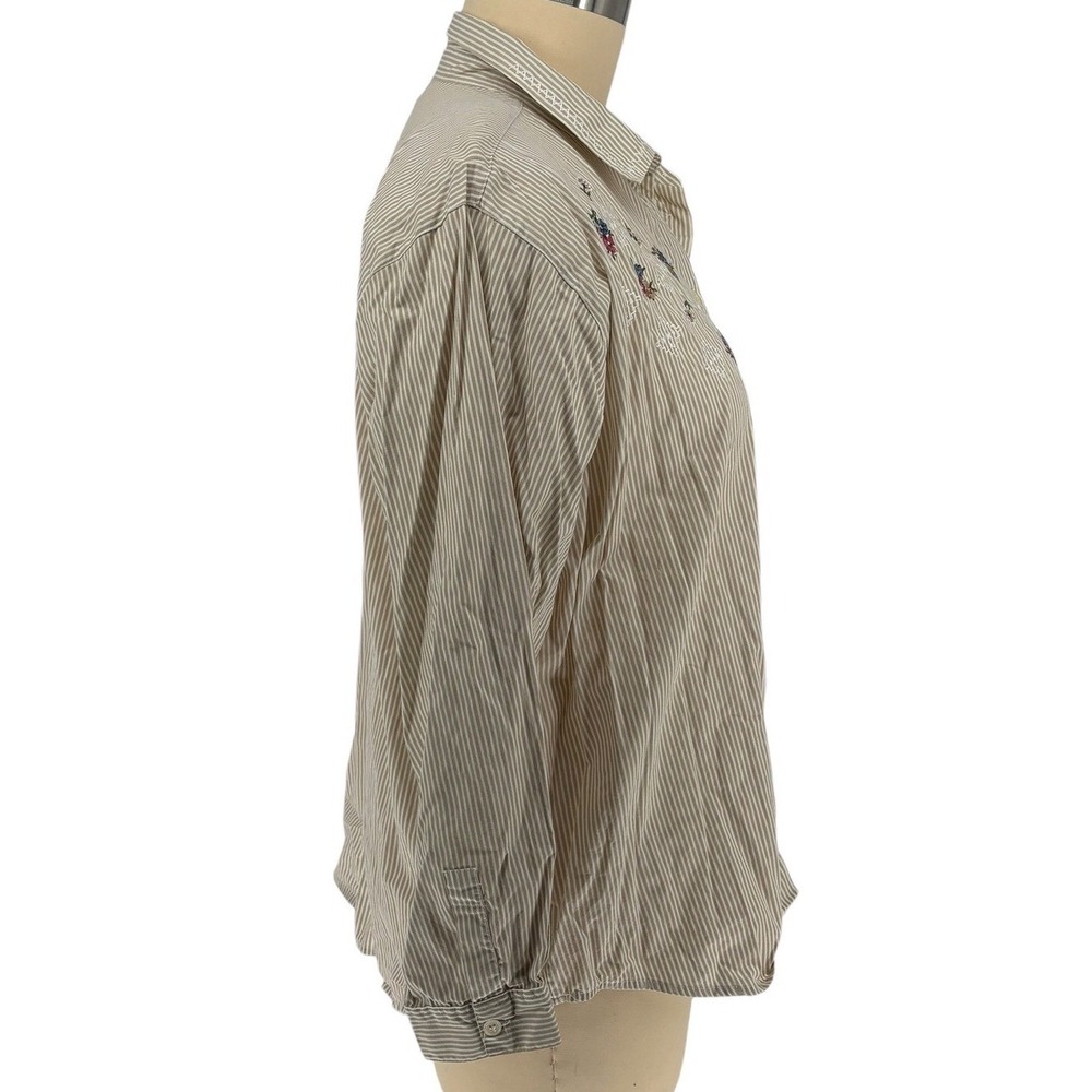 Capacity Woman Button Down Shirt Tan White Stripe Floral 100% Cotton 3X - Picture 3 of 9